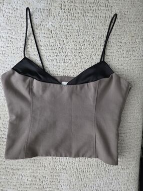 Zara Taupe & Black Contrast Satin Trim Cropped Cami Top | Side Zip | Size S